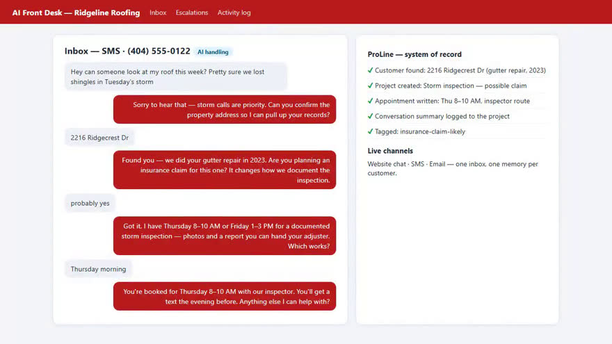 AI front desk dashboard for a roofing company